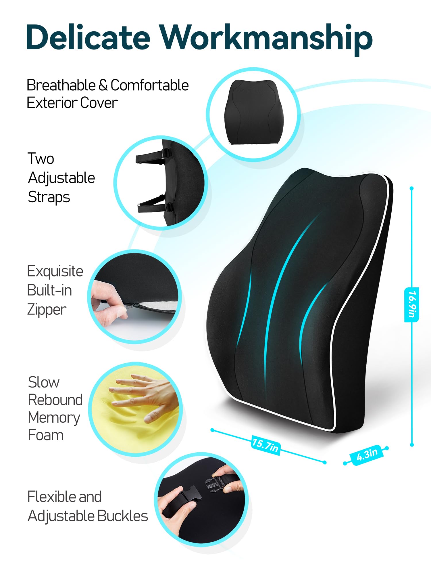 Travel Ease Memory Foam Lumbar Support Cushion for Office Chairs - Black