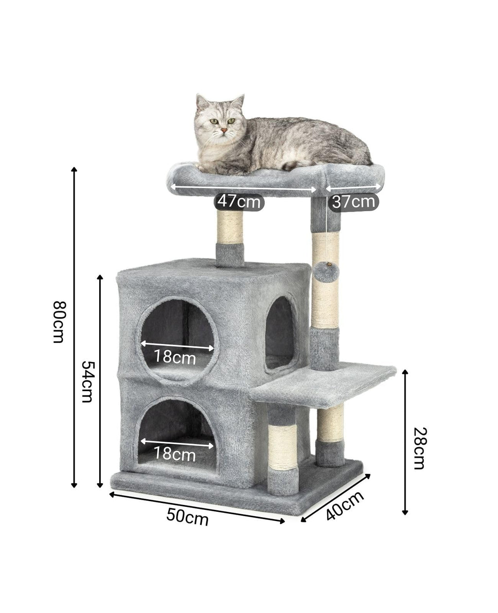 lionto Cat Scratching Tree - 80cm Cat Tower with 2 Caves & Sisal Rope