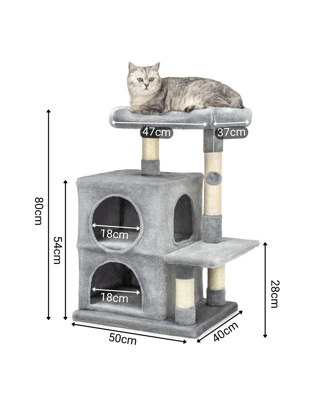 lionto Cat Scratching Tree - 80cm Cat Tower with 2 Caves & Sisal Rope