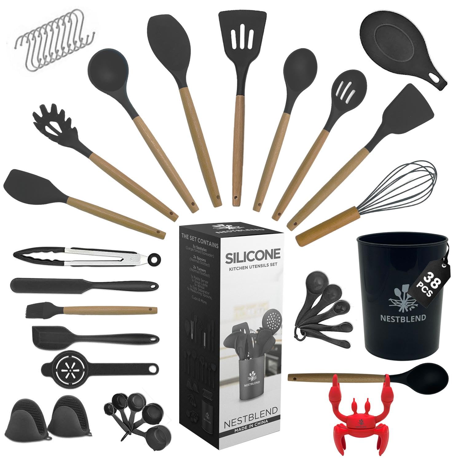 NestBlend 38-Piece Silicone Kitchen Utensils Set with Holder – Black
