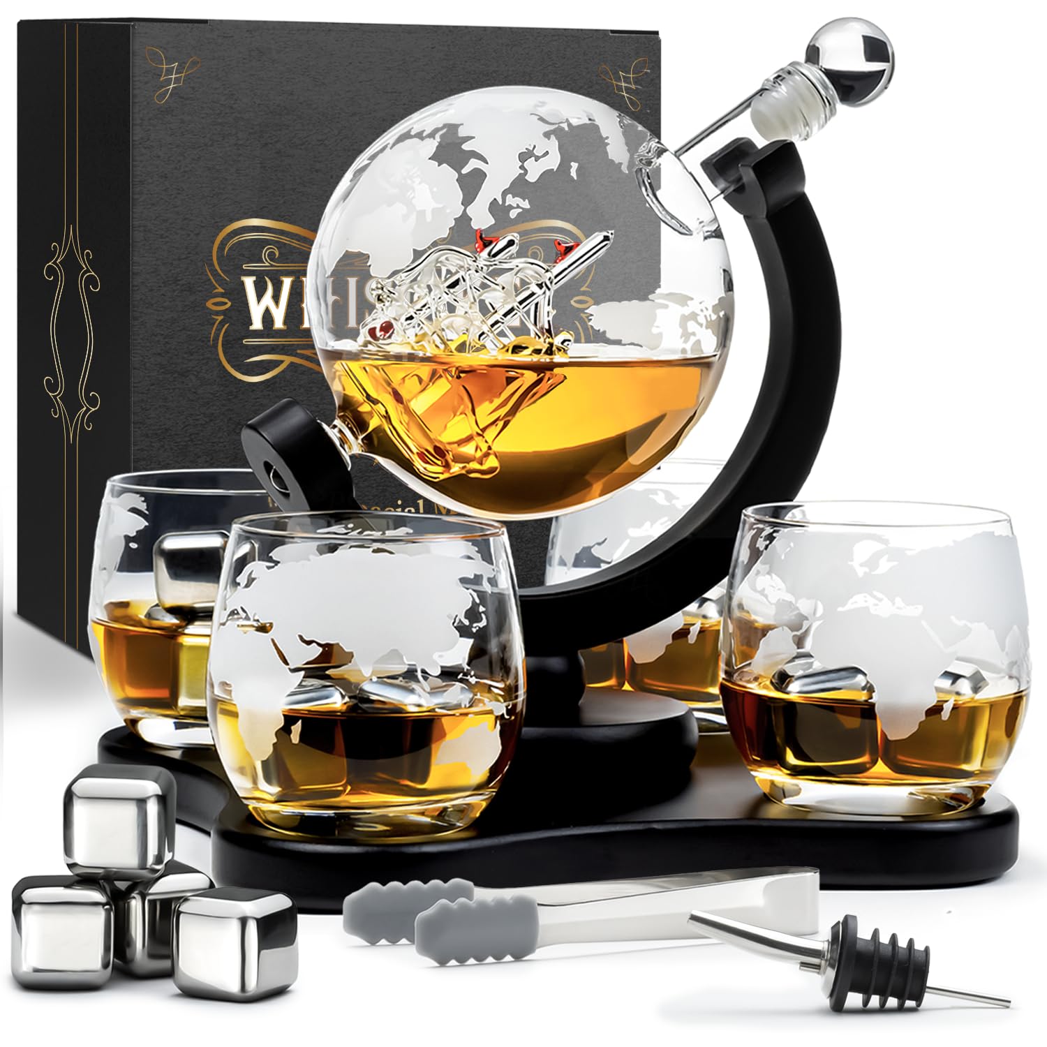 WHISISKEY Globe Whiskey Decanter Set – 900ml Carafe with 4 Glasses