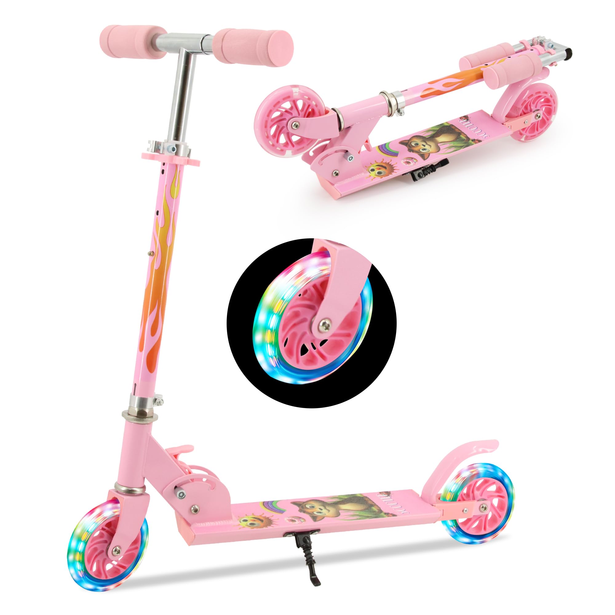 Tenboom Kids Kick Scooter – Pink Flame LED Wheels & Foldable Design