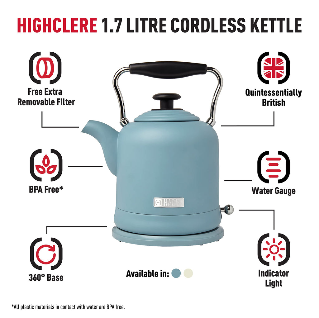 Haden Highclere Electric Kettle – 1.5L Retro Stainless Steel, 3000W Blue