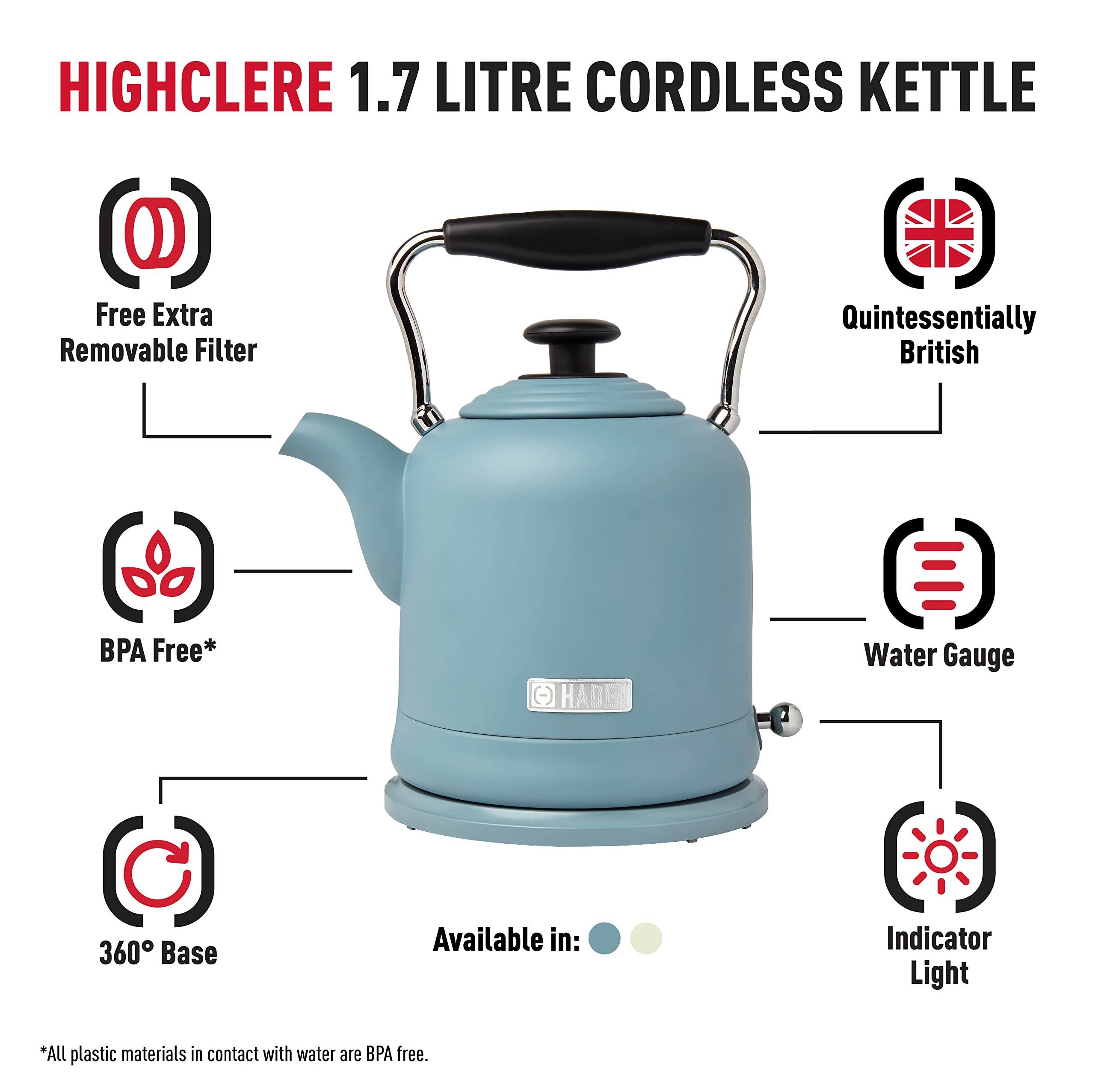 Haden Highclere Electric Kettle – 1.5L Retro Stainless Steel, 3000W Blue