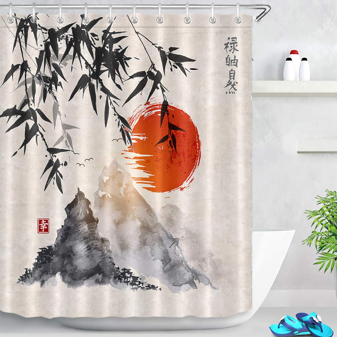 Sumi-e Japanese Shower Curtain | Bamboo Ink Painting | 71x79"