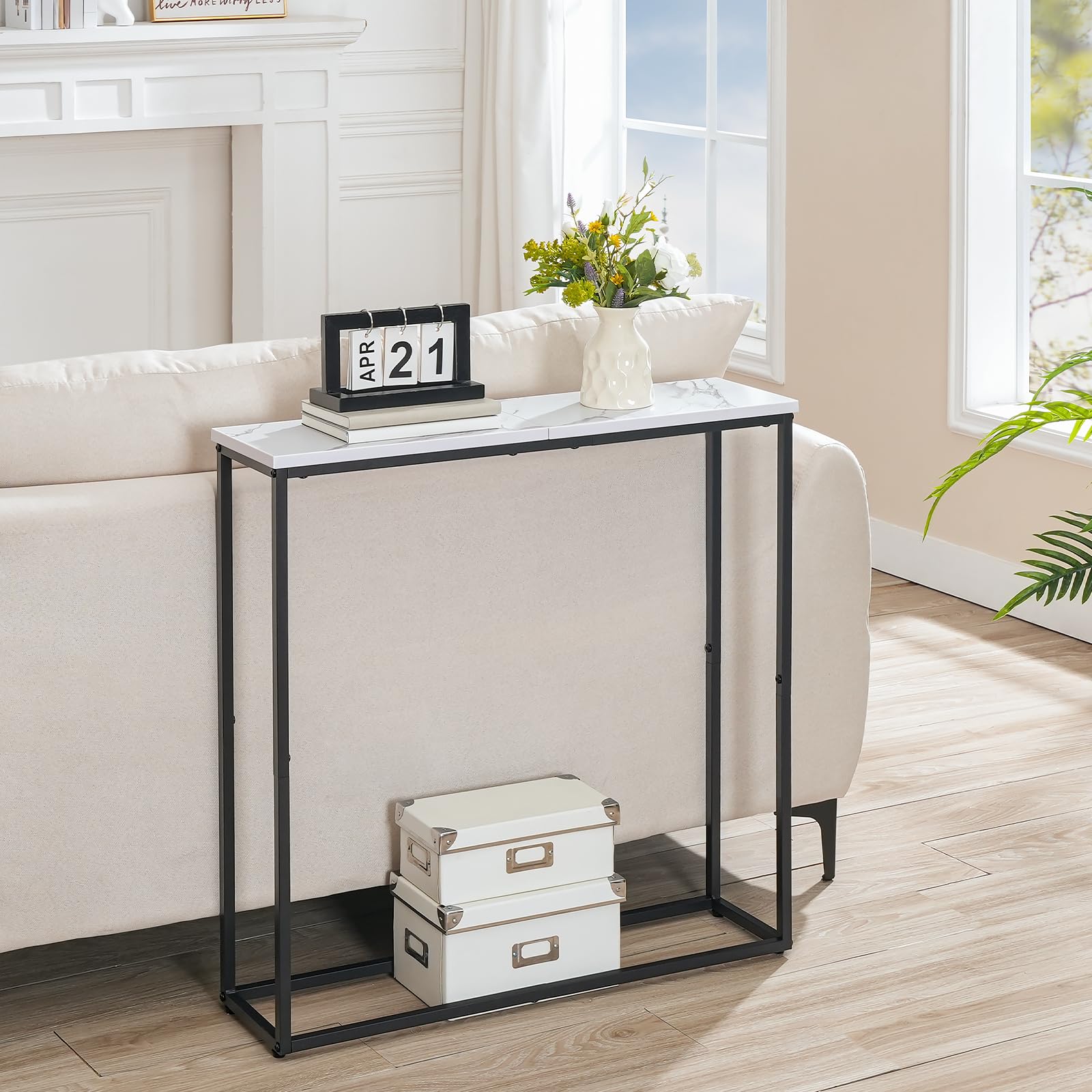 HOOBRO Narrow Console Table – Slim Marble & Metal Hallway Table for Small Spaces