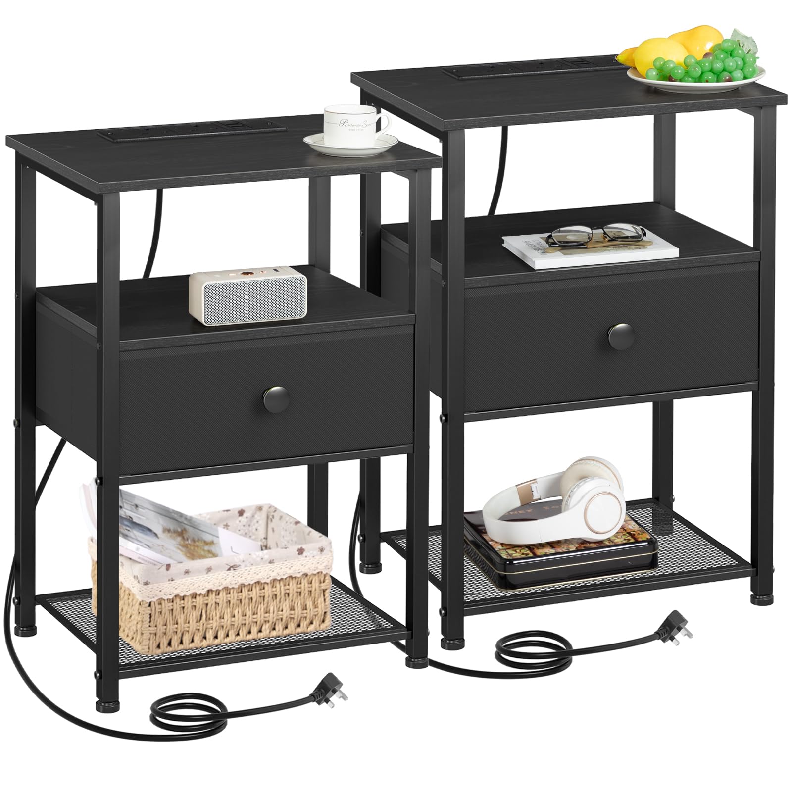 AMHANCIBLE Bedside Table Set of 2 with Charging Station and Fabric Drawer