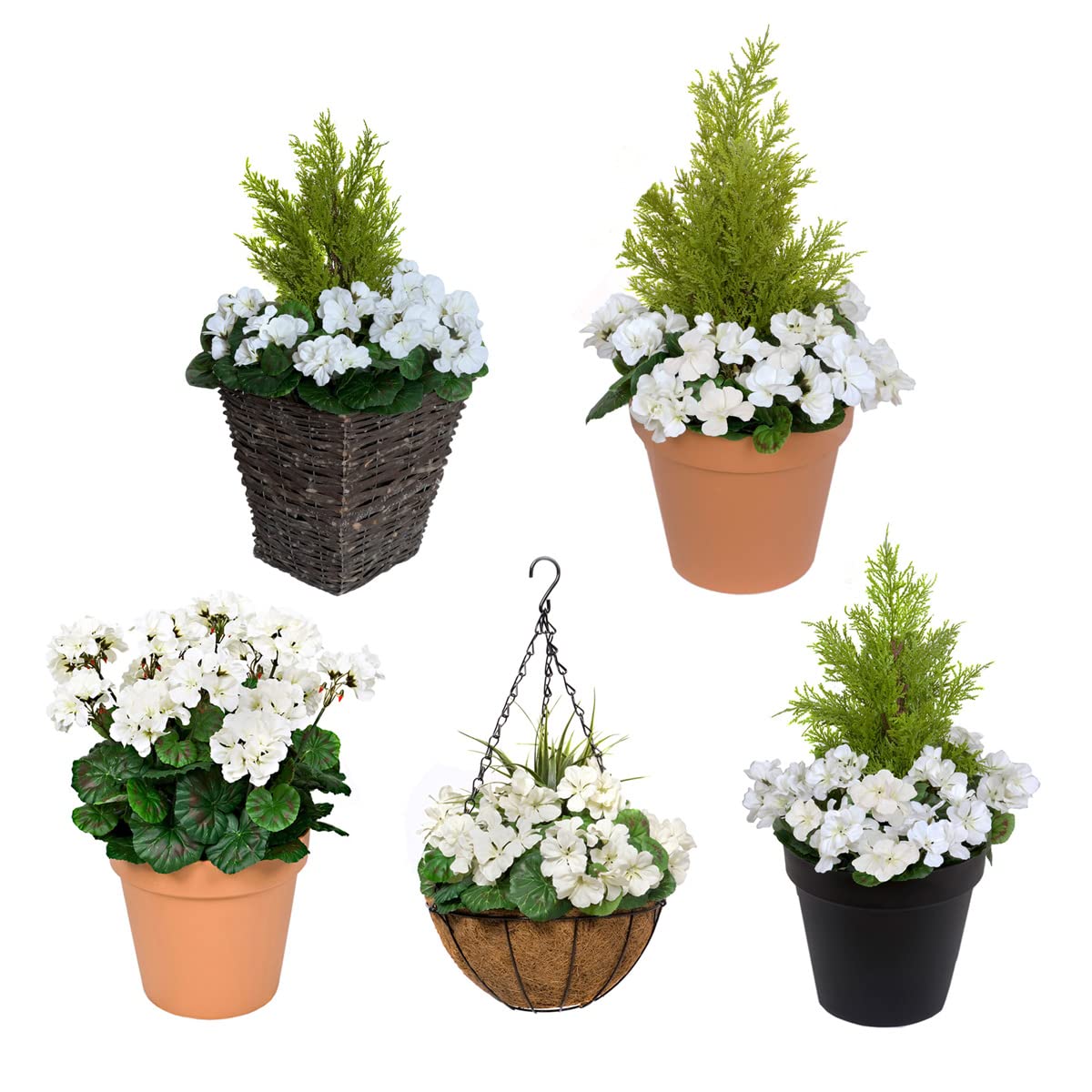 GreenBrokers Artificial White Geranium Hanging Coir Baskets – Set of 2