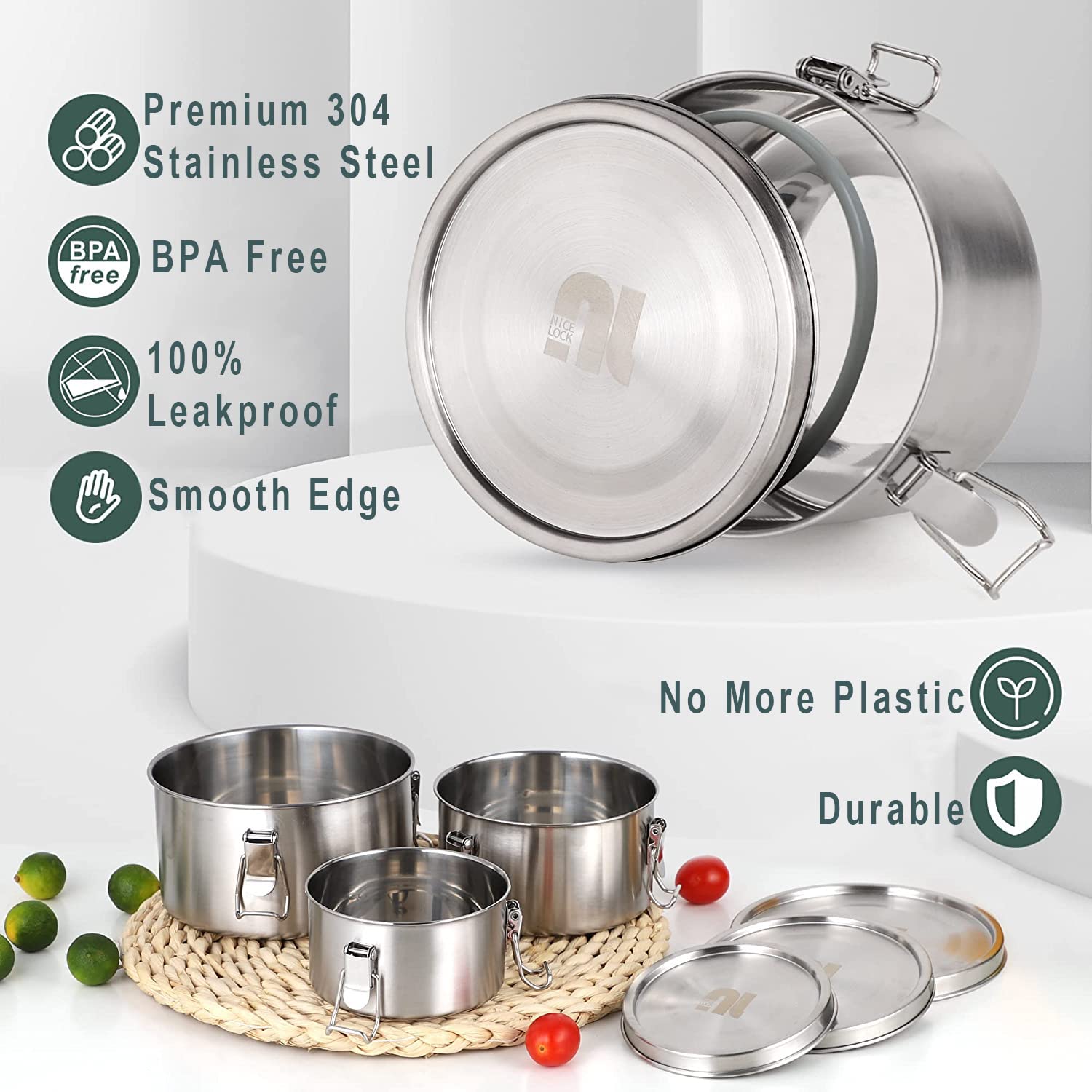 Nicelock Stainless Steel Bento Box Set | 3-Piece Leakproof Food Containers