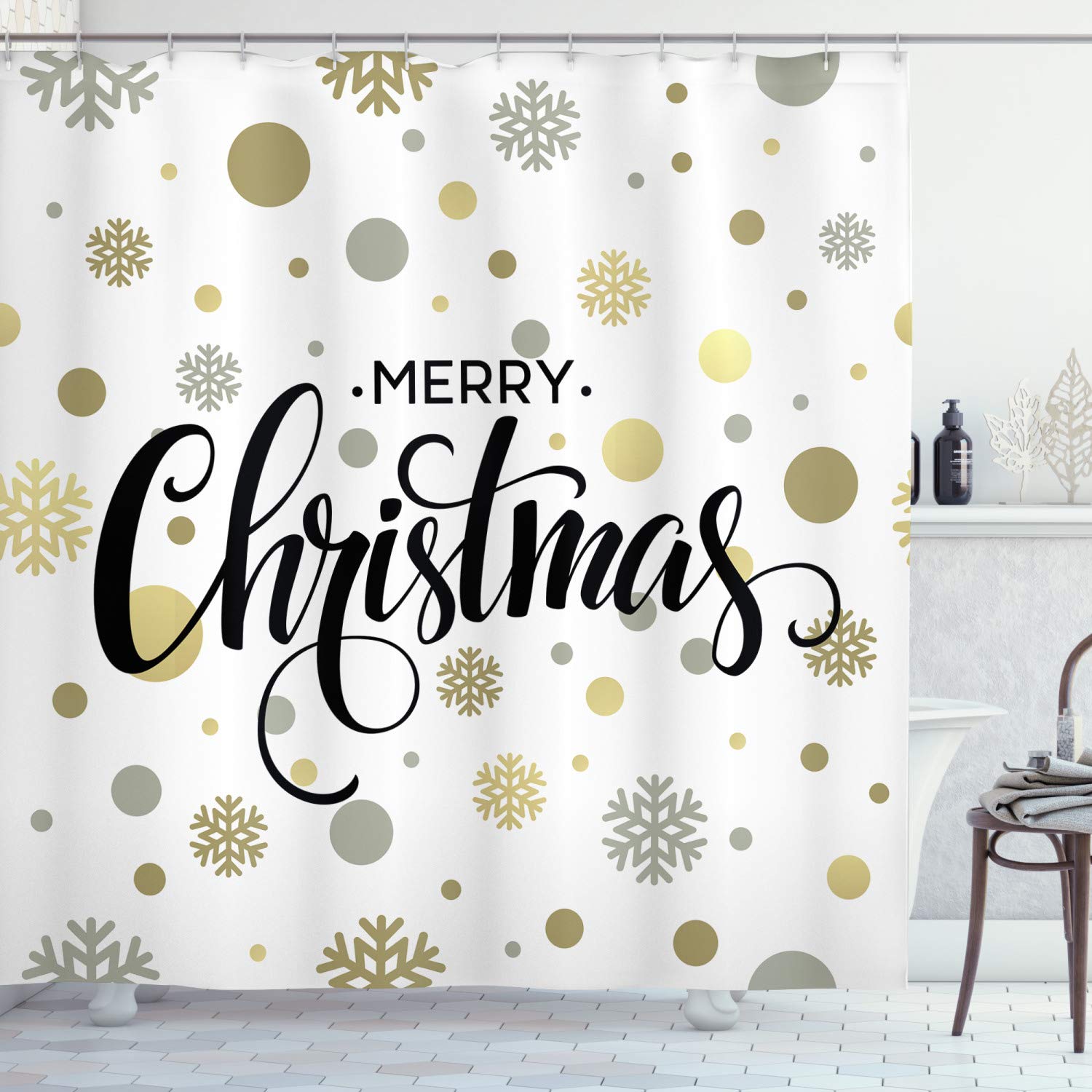 ABAKUHAUS Christmas Shower Curtain | Modern Snowflake Fabric Decor