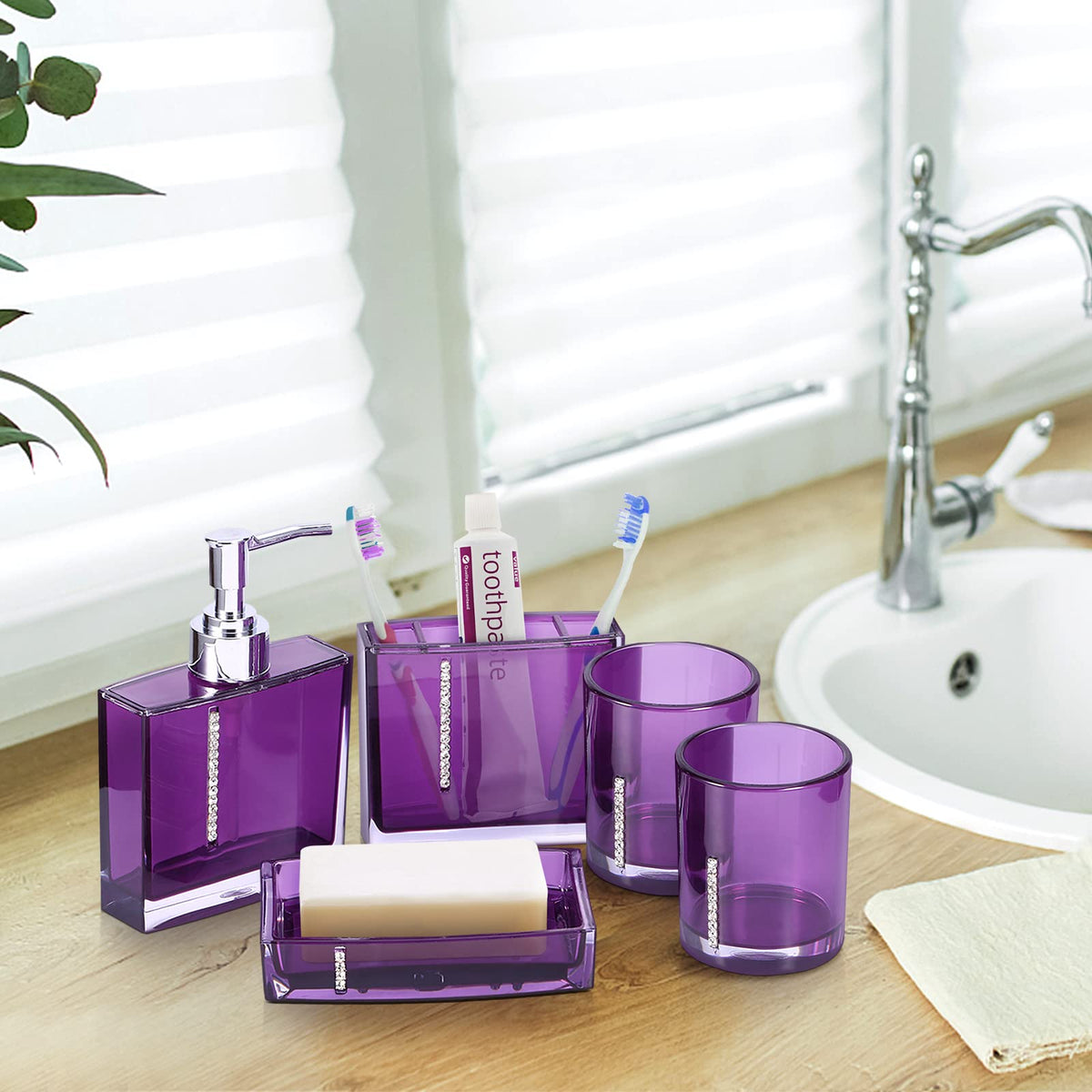 5 Piece Bathroom Accessory Set, Modern Design Acrylic Luxury Bath Vanity Set with Soap Dish, Tooth Brush Holder, Emulsion Bottle - image 3