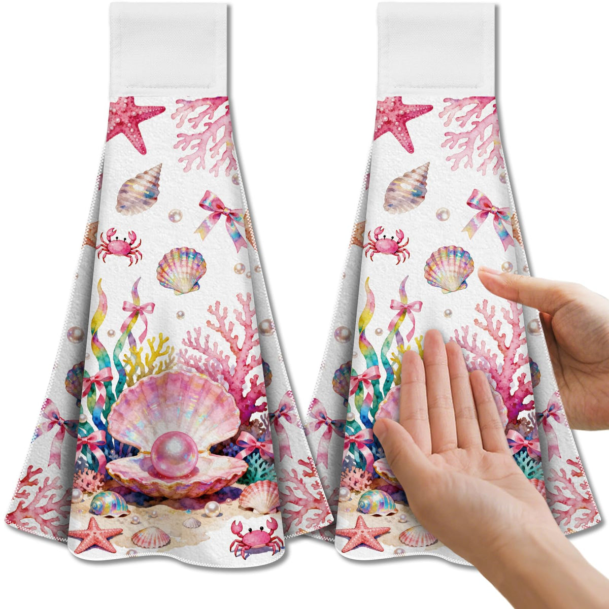 CUTHOLLOW 2 Pcs Pink Seashells Hanging Kitchen Towels with Loop - image 1