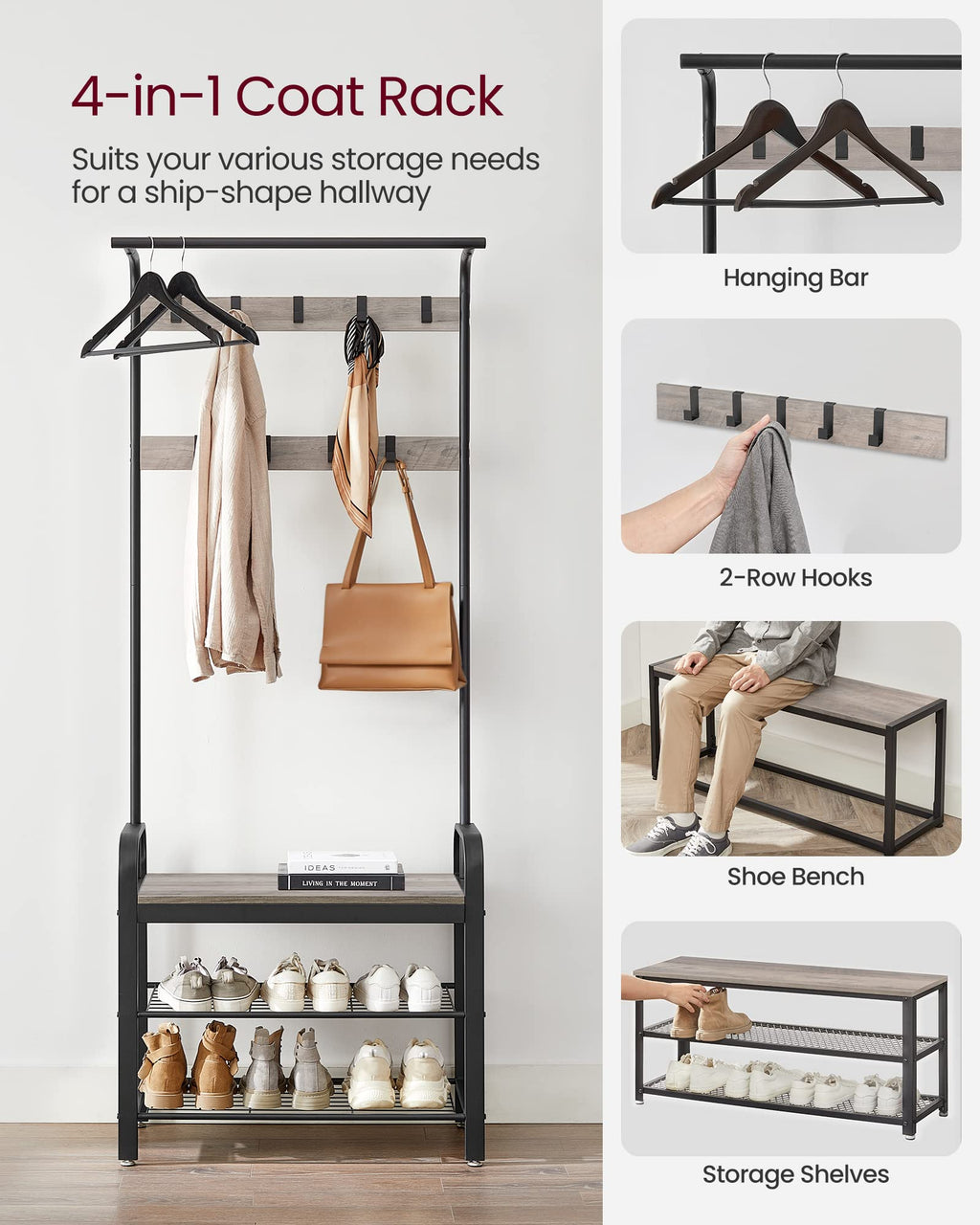 VASAGLE 4-in-1 Coat Rack with Shoe Storage Bench and 9 Hooks – Industrial