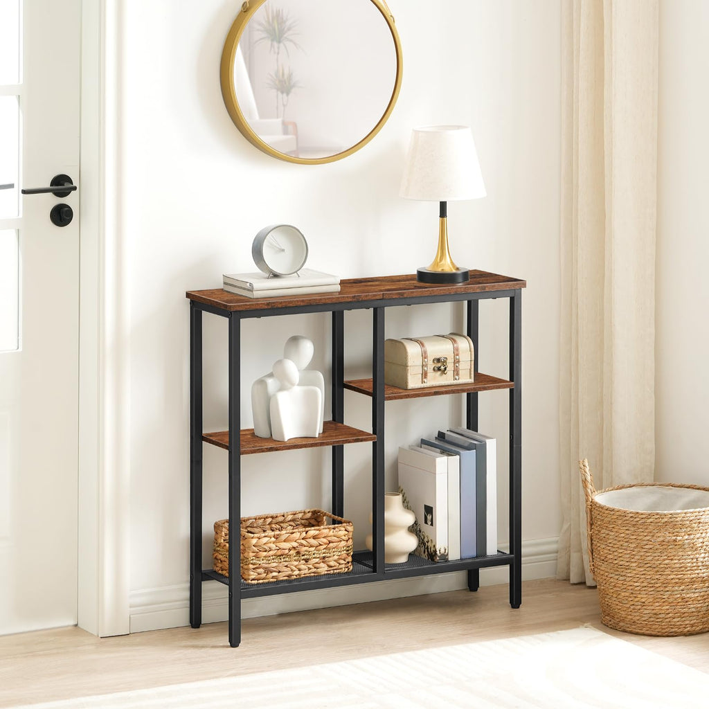 HOOBRO Narrow Console Table – 4-Tier Industrial Sofa Table, Rustic Brown
