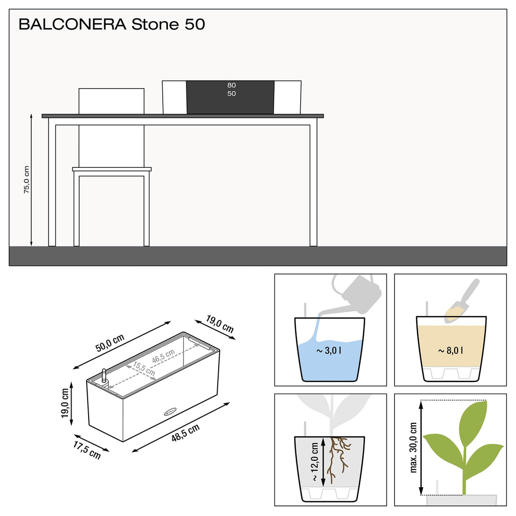 Lechuza Balconera Stone 50 Self-Watering Planter | Stone Grey Window Box