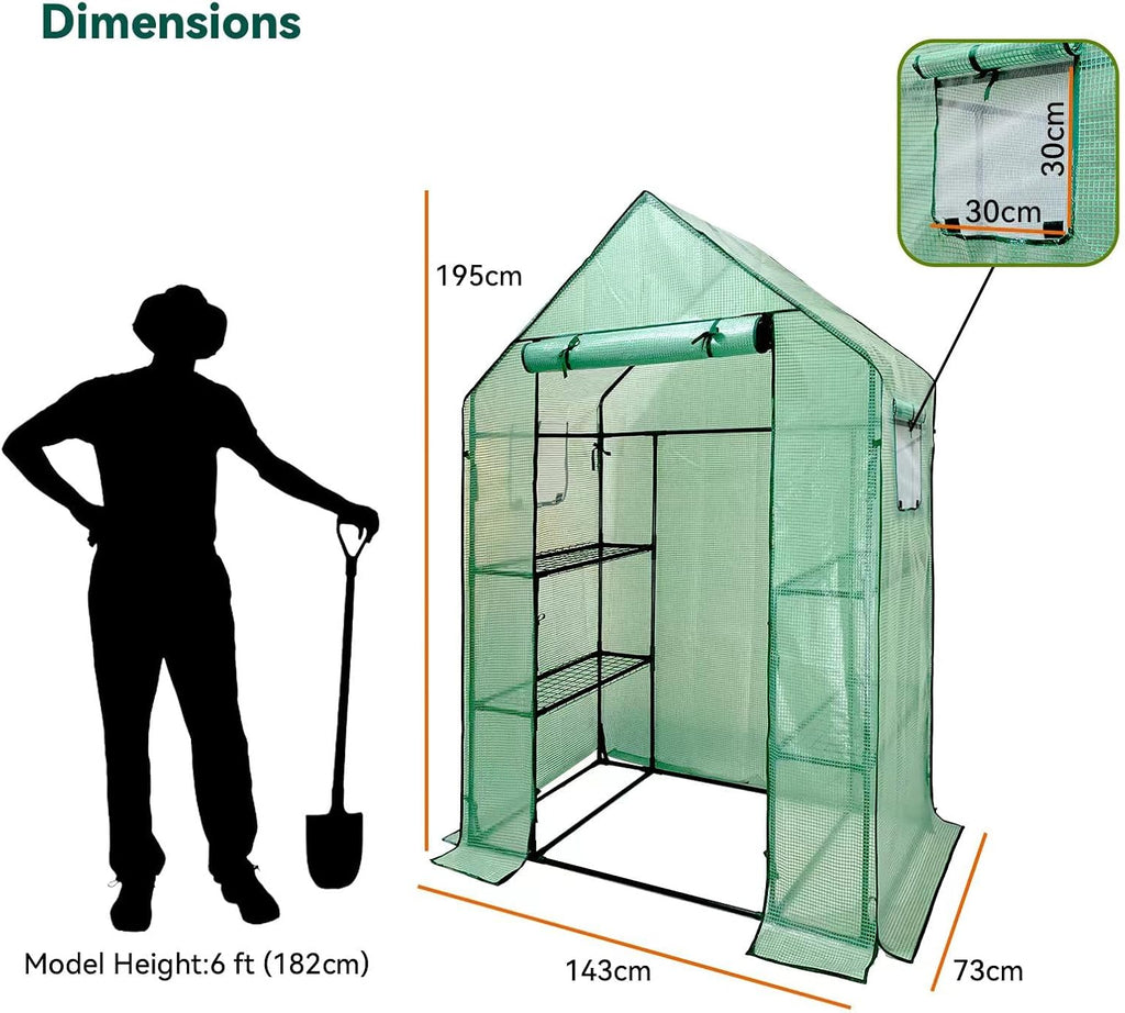 Grandhom Walk-In Greenhouse - 3-Tier 6 Shelves PE Cover 143x73x195cm