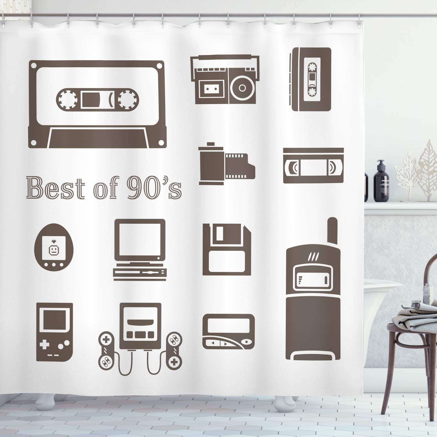 ABAKUHAUS 90s Retro Gaming Shower Curtain | Fabric Bathroom Decor, 78"