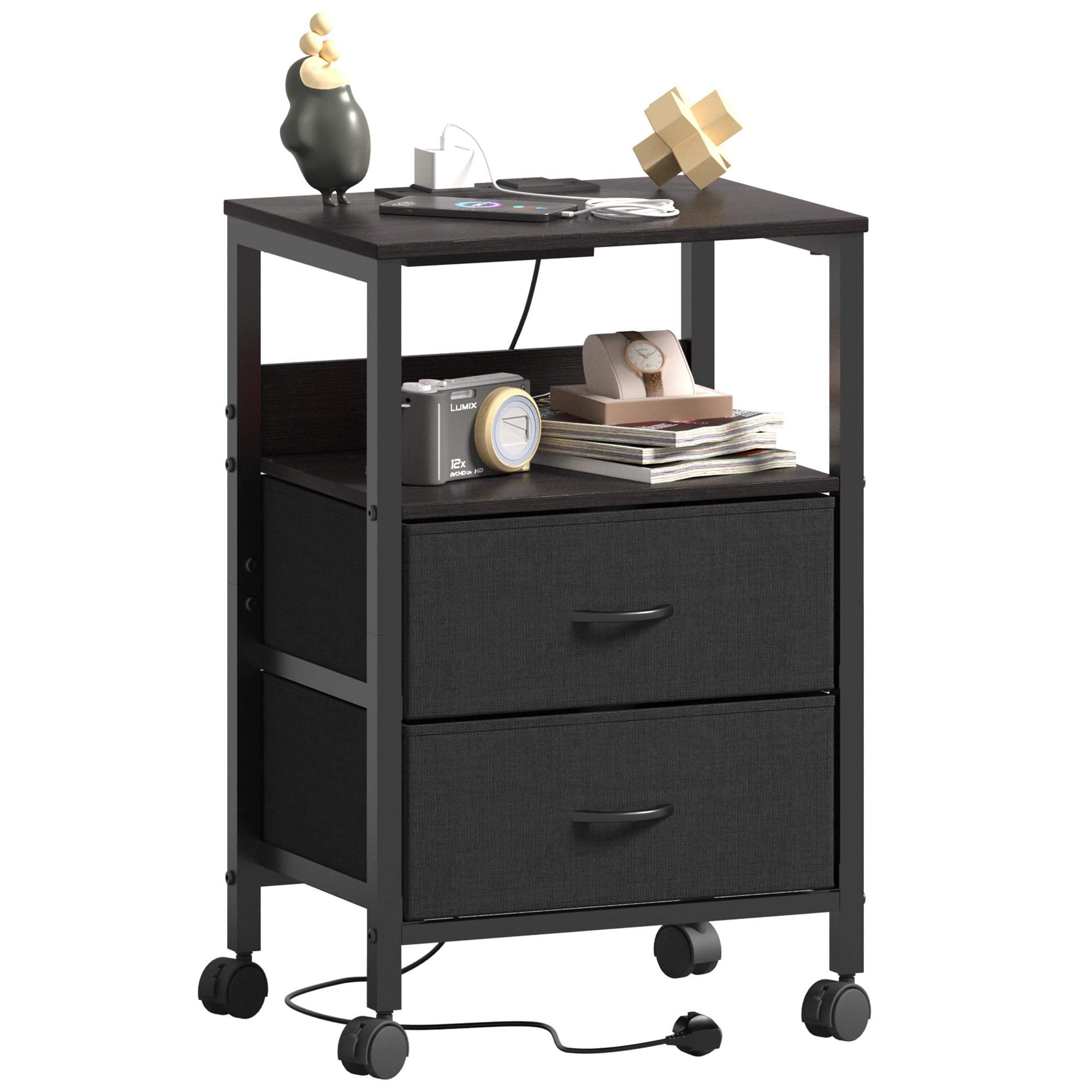 Lutown-Teen Bedside Table with Charging Station and 2 Fabric Drawers
