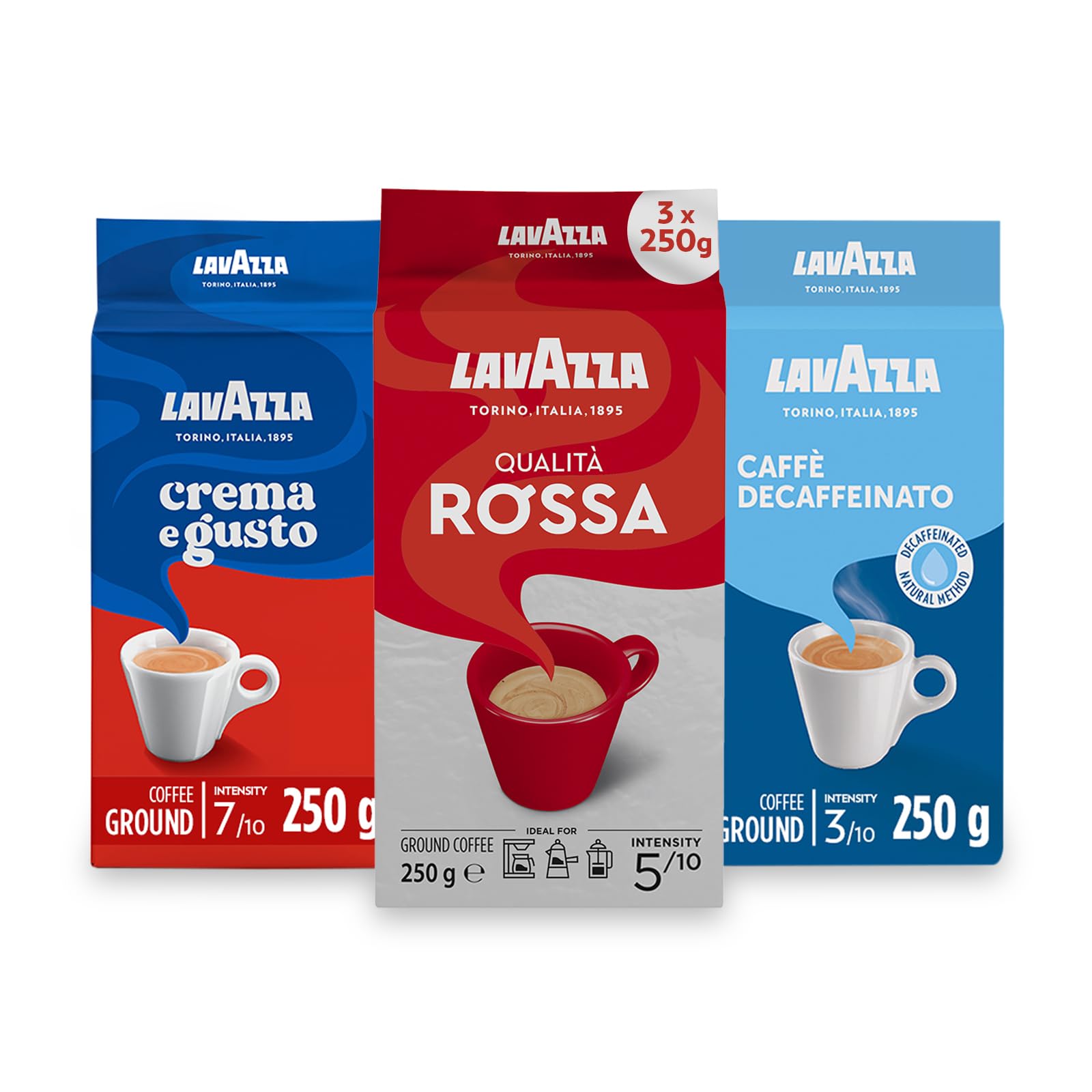 Lavazza Ground Coffee 3 Pack – Dark, Medium & Decaf Roasts (250g)