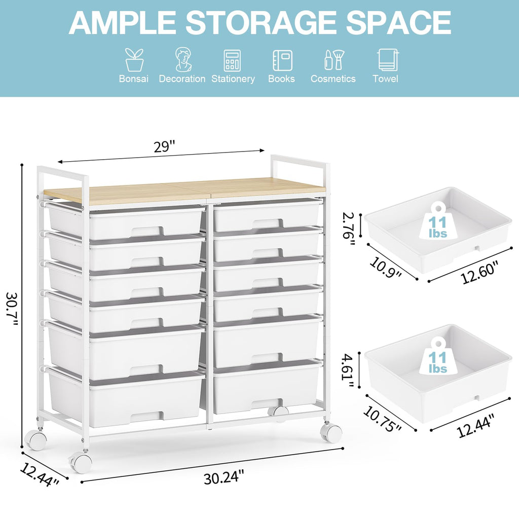 12-Drawer Craft Organizer Trolley Cart with Wooden Top, White