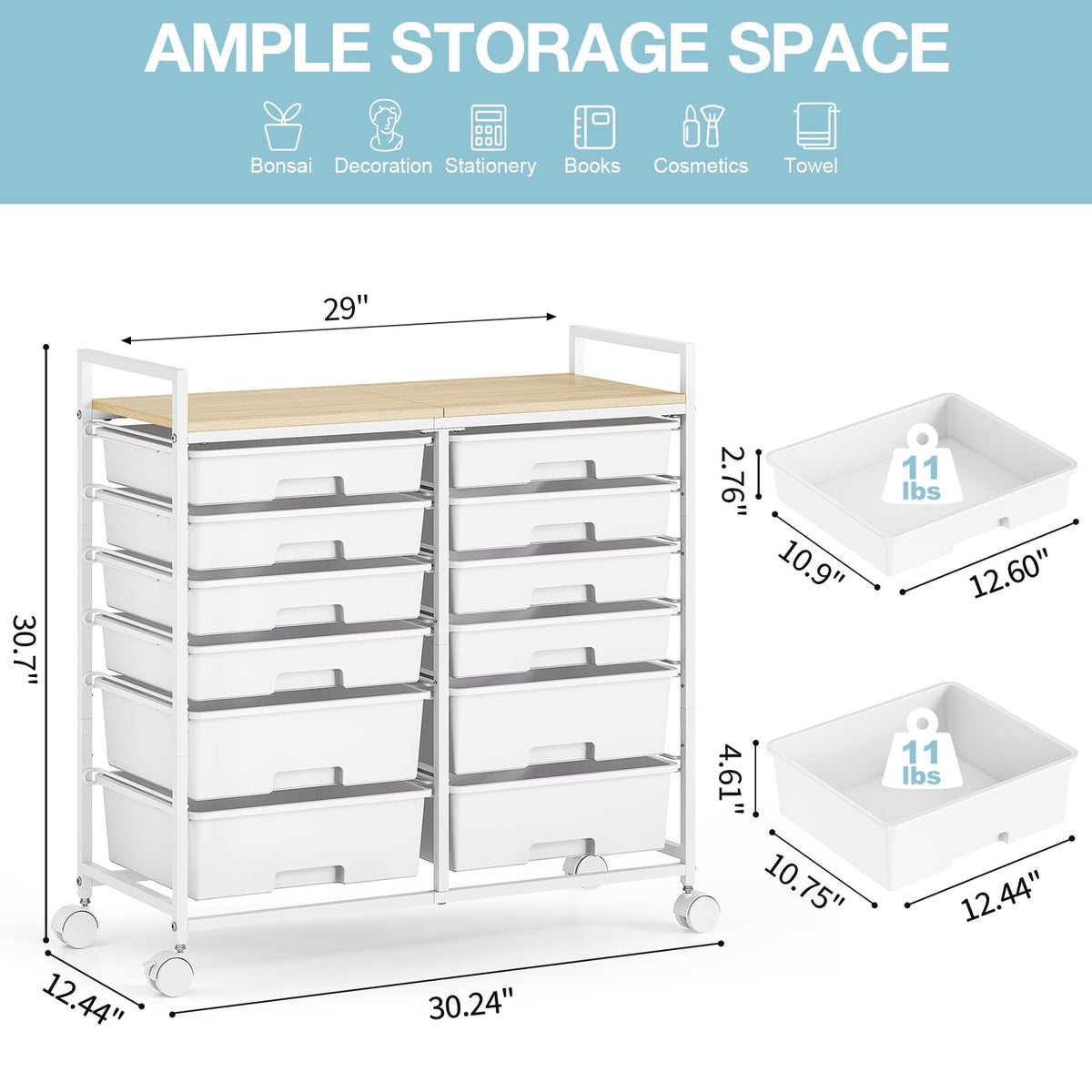 12-Drawer Craft Organizer Trolley Cart with Wooden Top, White