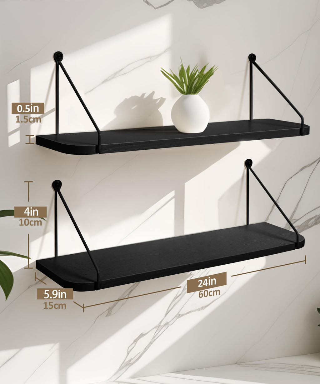 Afuly 24 Inch Black Floating Shelves | Modern MDF Wall Storage - Set of 2