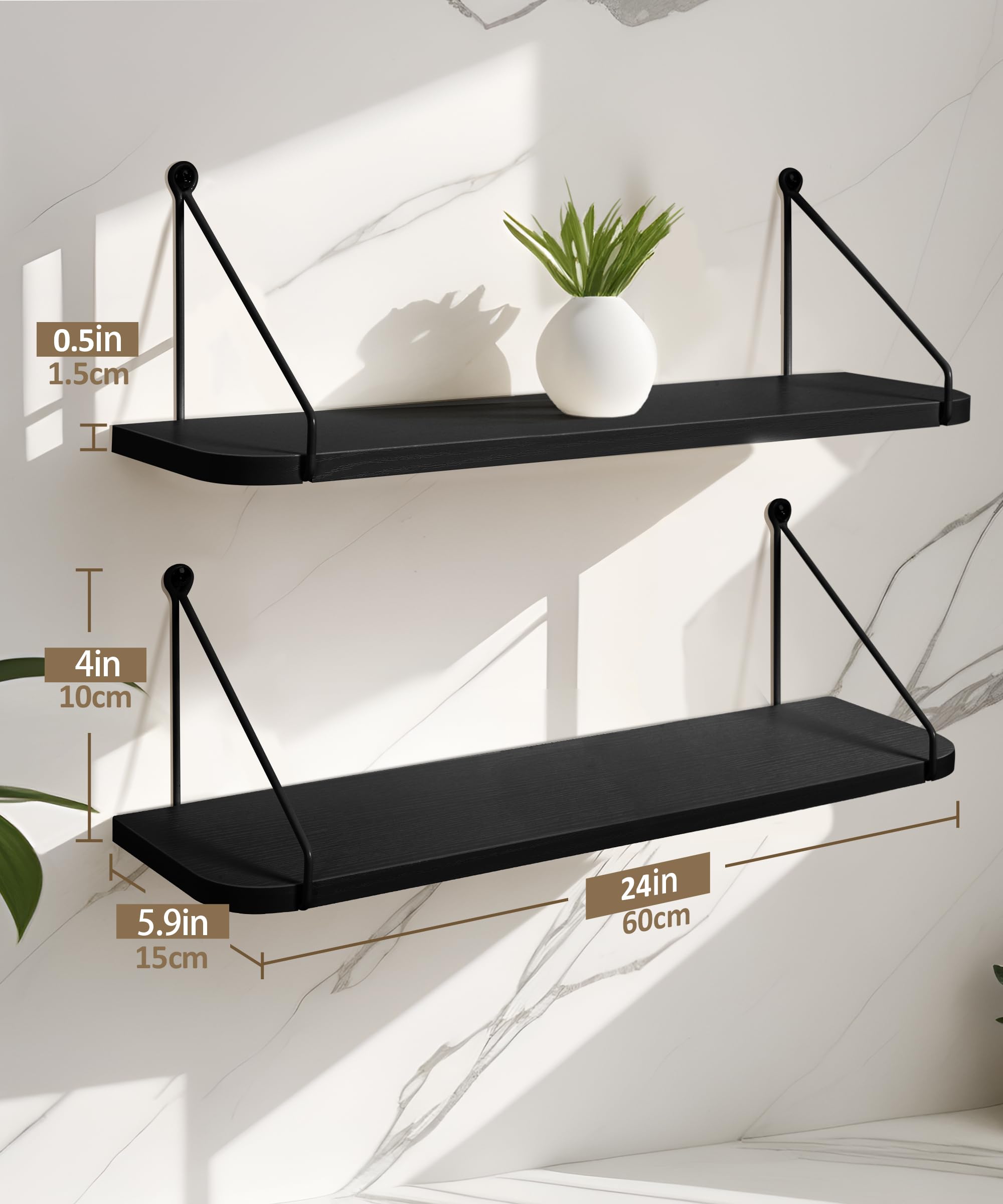 Afuly 24 Inch Black Floating Shelves | Modern MDF Wall Storage - Set of 2
