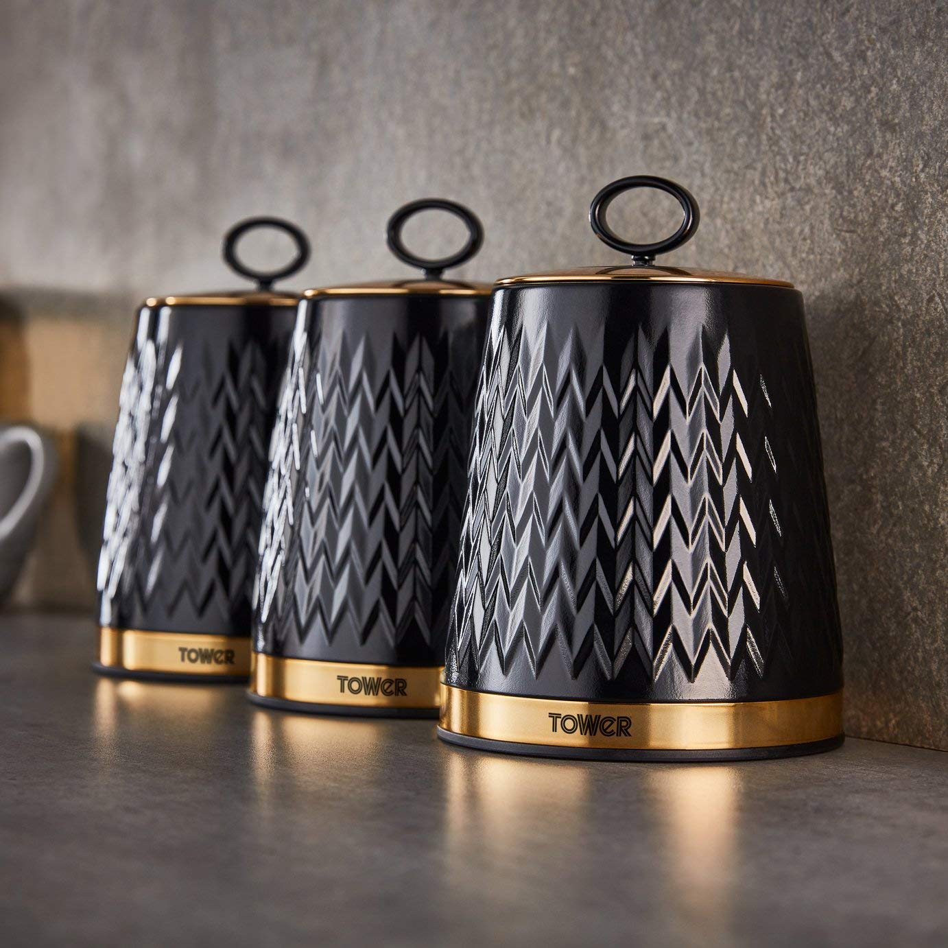 Tower Empire Set of 3 Tea Coffee Sugar Canisters, 1.3L – Black and Brass