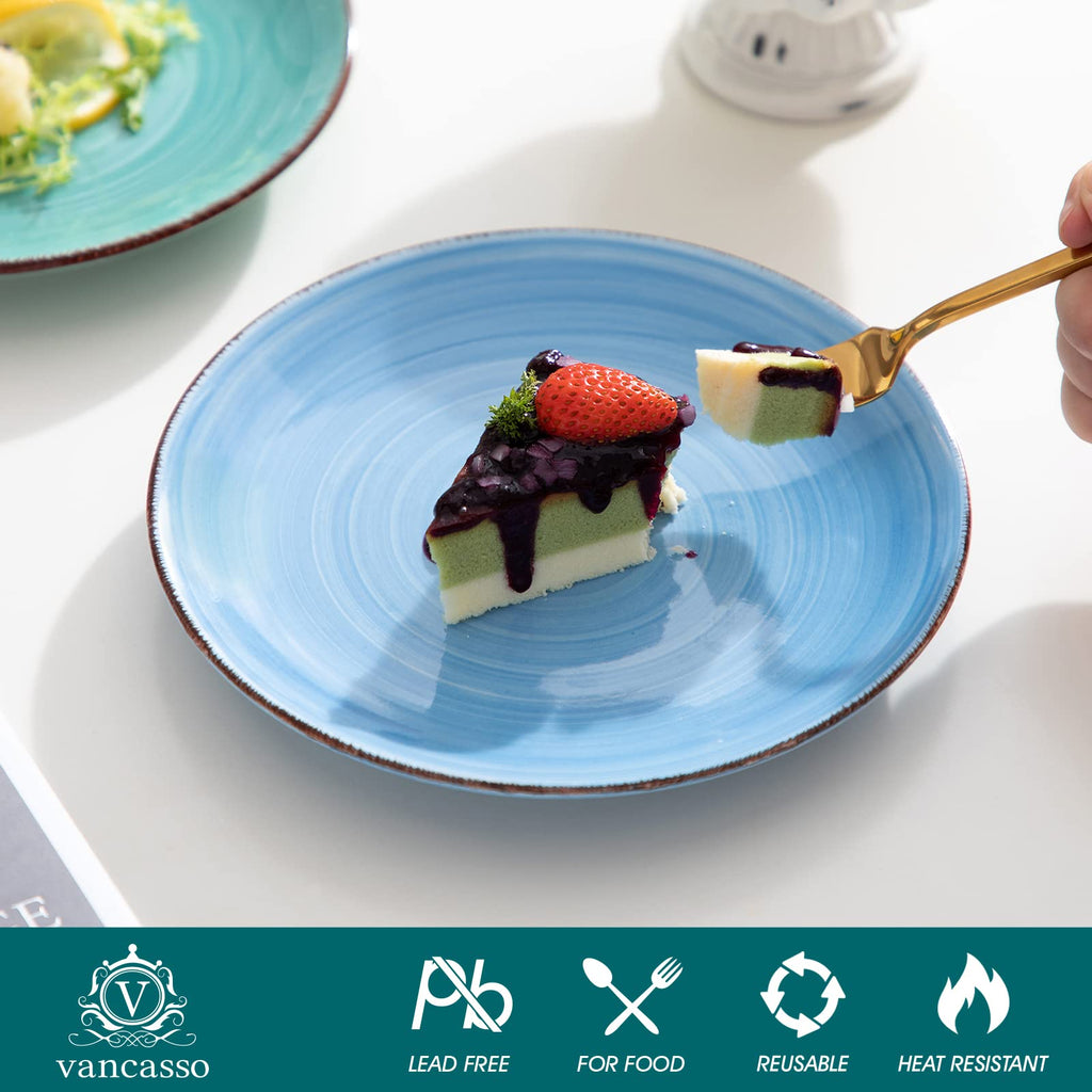 vancasso Bonita Blue Dessert Plate Set of 6 | 7.5" Handpainted Stoneware