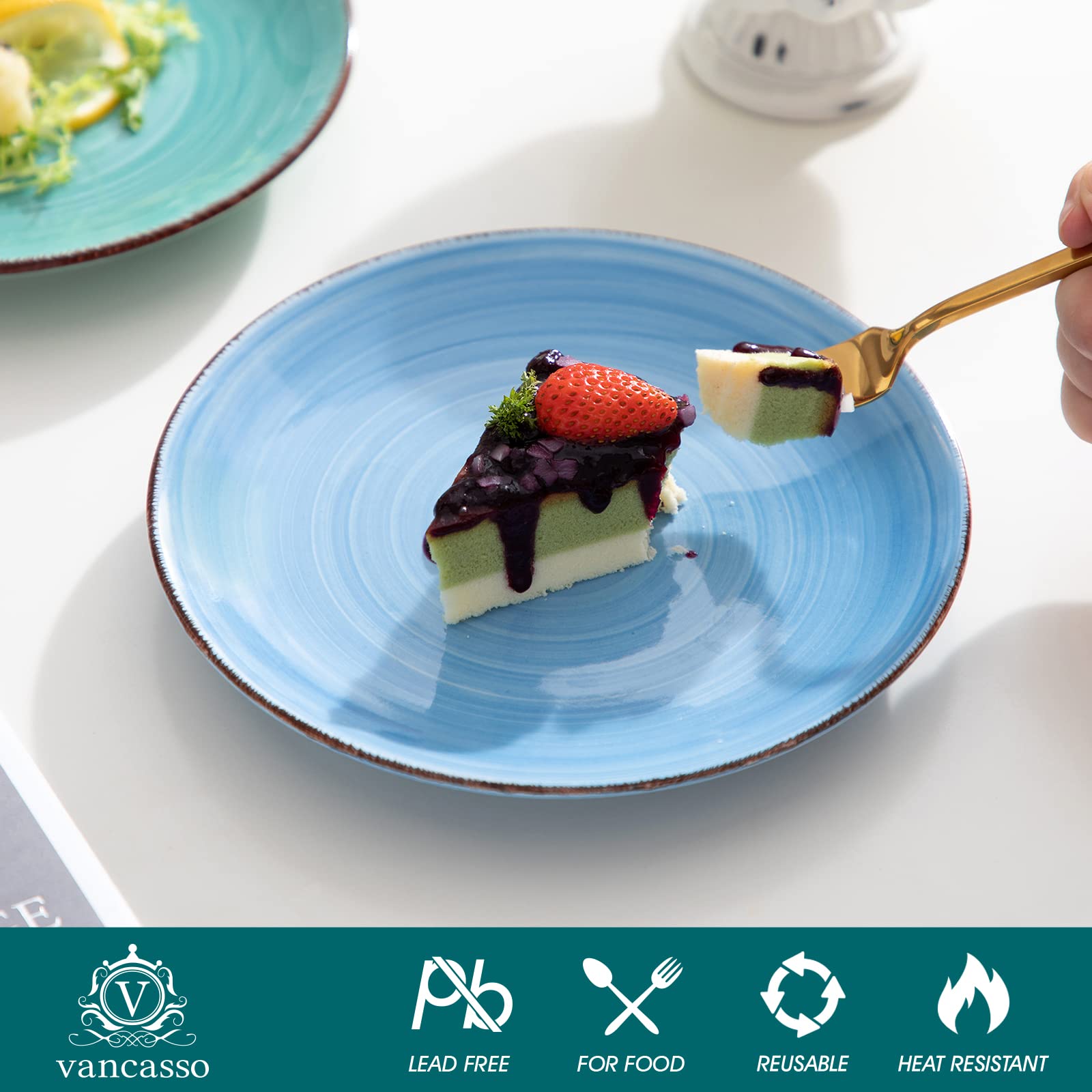 vancasso Bonita Blue Dessert Plate Set of 6 | 7.5" Handpainted Stoneware
