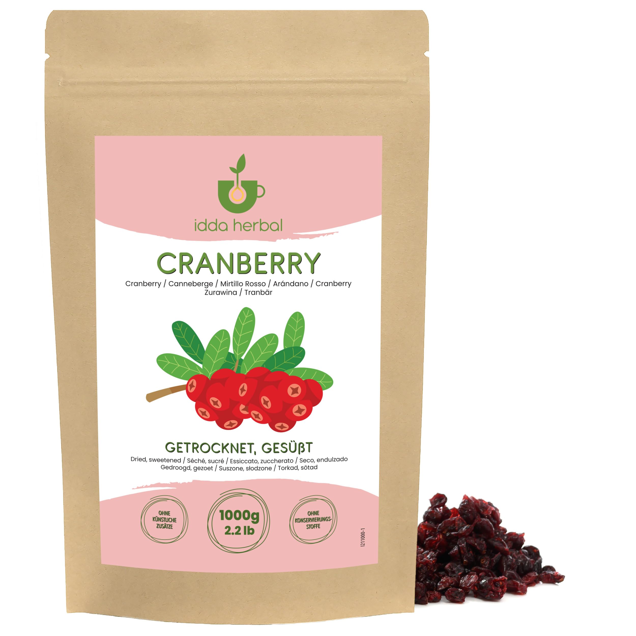 IDDA Herbal Dried Cranberries – Apple Juice Sweetened – 1kg (2.2 lb)