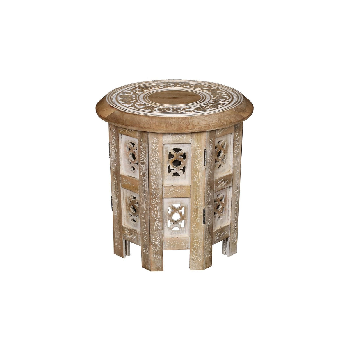 topfurnishing Beautiful Round Hand Carved Indian Shesham Wooden Coffee Table Side Table Beige Small 12"x12"x12" 30.5 cm - image 2