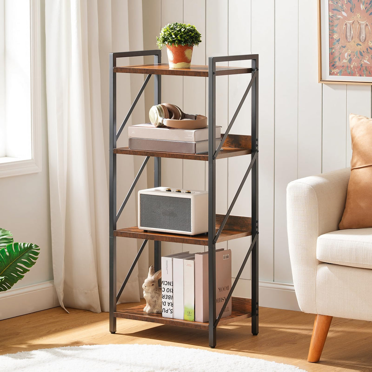 HOOBRO 4-Tier Bookshelf, Industrial Corner Bookcase, Display Rack, Metal Frame, for Living Room, Bedroom, Office, Kitchen, Entryway - image 2