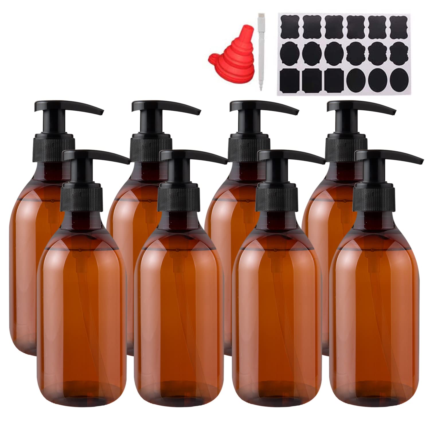 YBCPACK 8-Pack Amber Plastic Soap Dispenser Bottles | 250ml Refillable Pump
