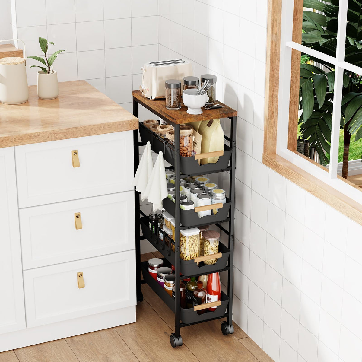 Uwoodia 5-Tier Slim Storage Trolley on Wheels, Metal Kitchen Rolling Cart with Pull-Out Baskets - image 2
