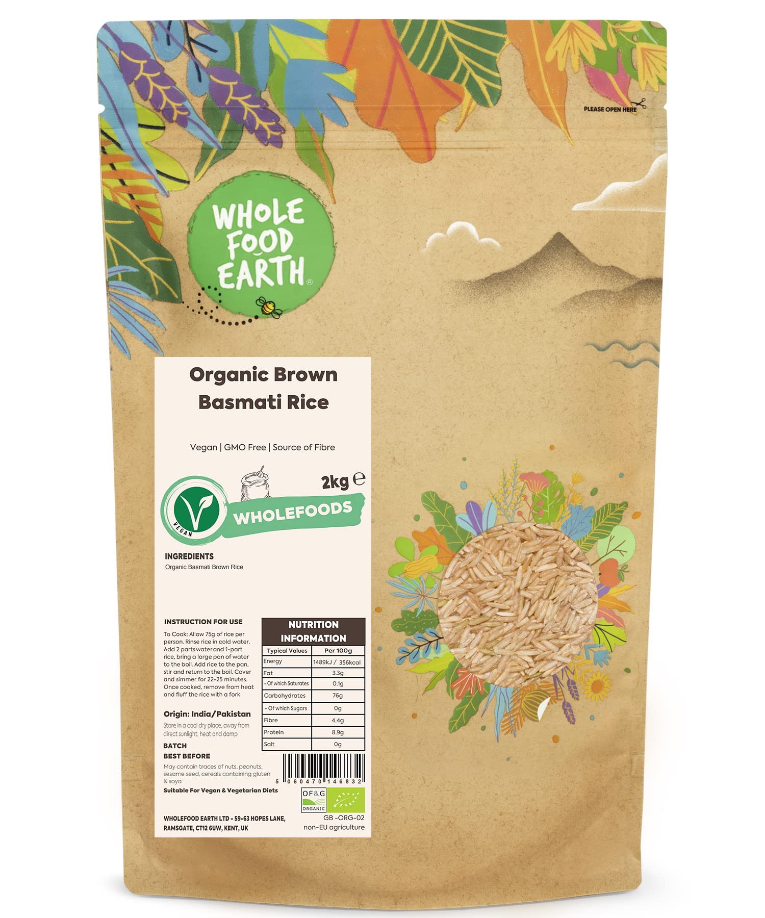 Wholefood Earth Organic Brown Basmati Rice – 2kg Long Grain Vegan