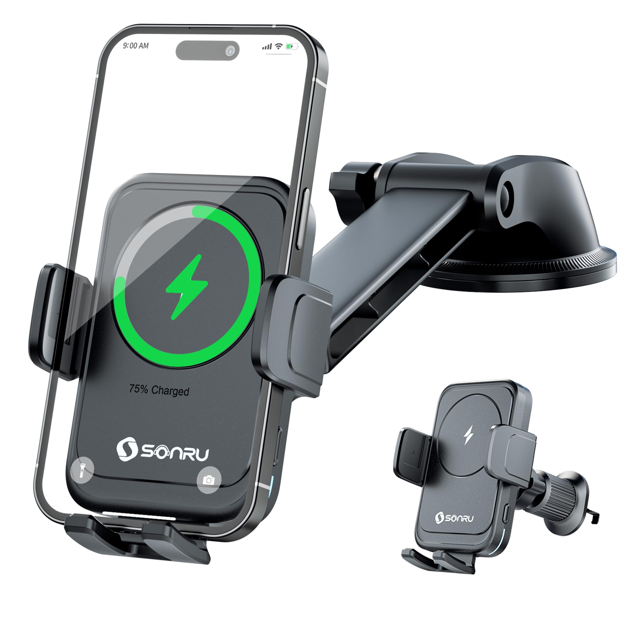 SONRU 15W Qi Wireless Car Charger – Auto Clamping Phone Holder Mount