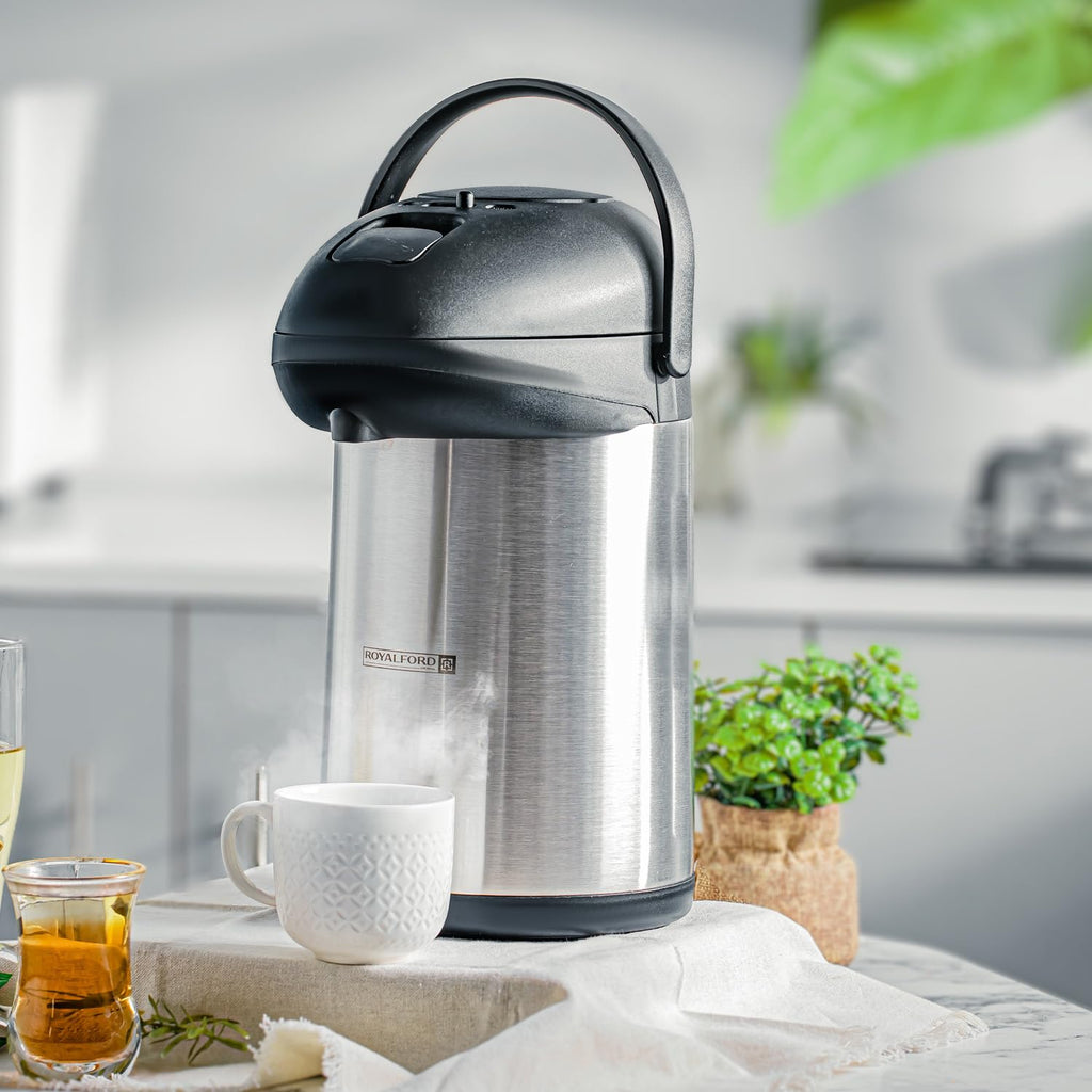 Royalford 5L Stainless Steel Airpot – Pump Action Vacuum Thermal Flask