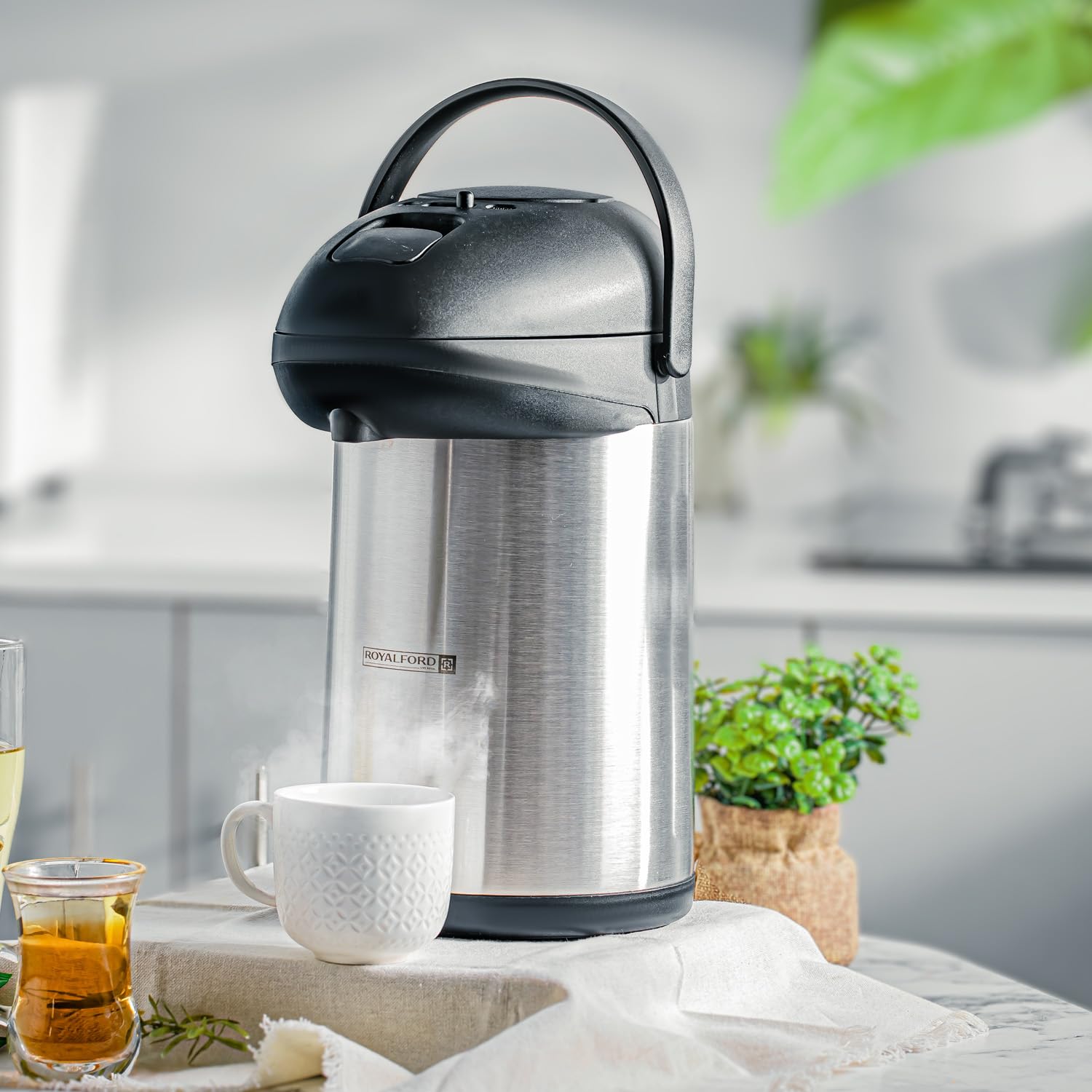 Royalford 5L Stainless Steel Airpot – Pump Action Vacuum Thermal Flask