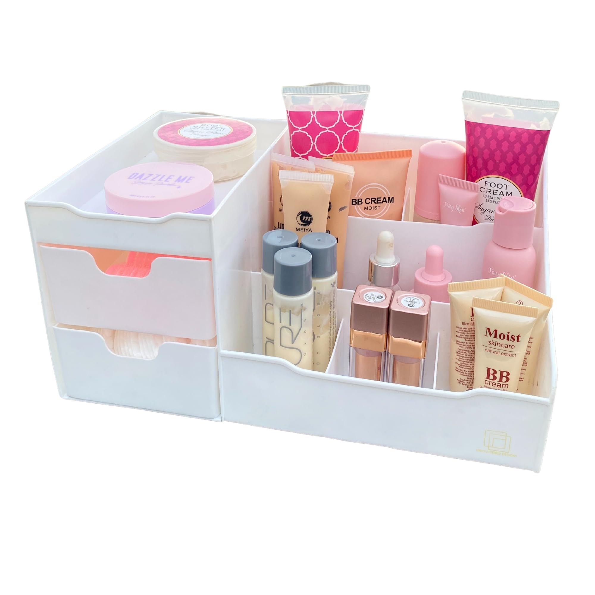 Uncluttered Designs Makeup Organizer with Drawers – White Vanity Storage