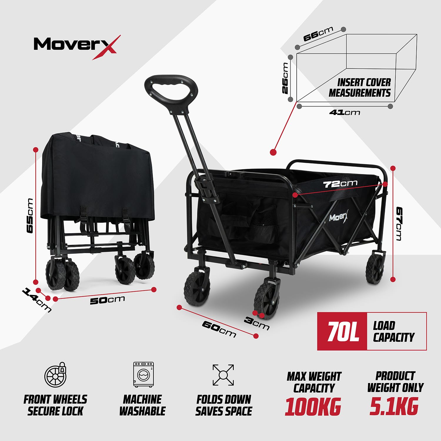 MoverX 70L Folding Festival Trolley | All-Terrain Camping Wagon - Black