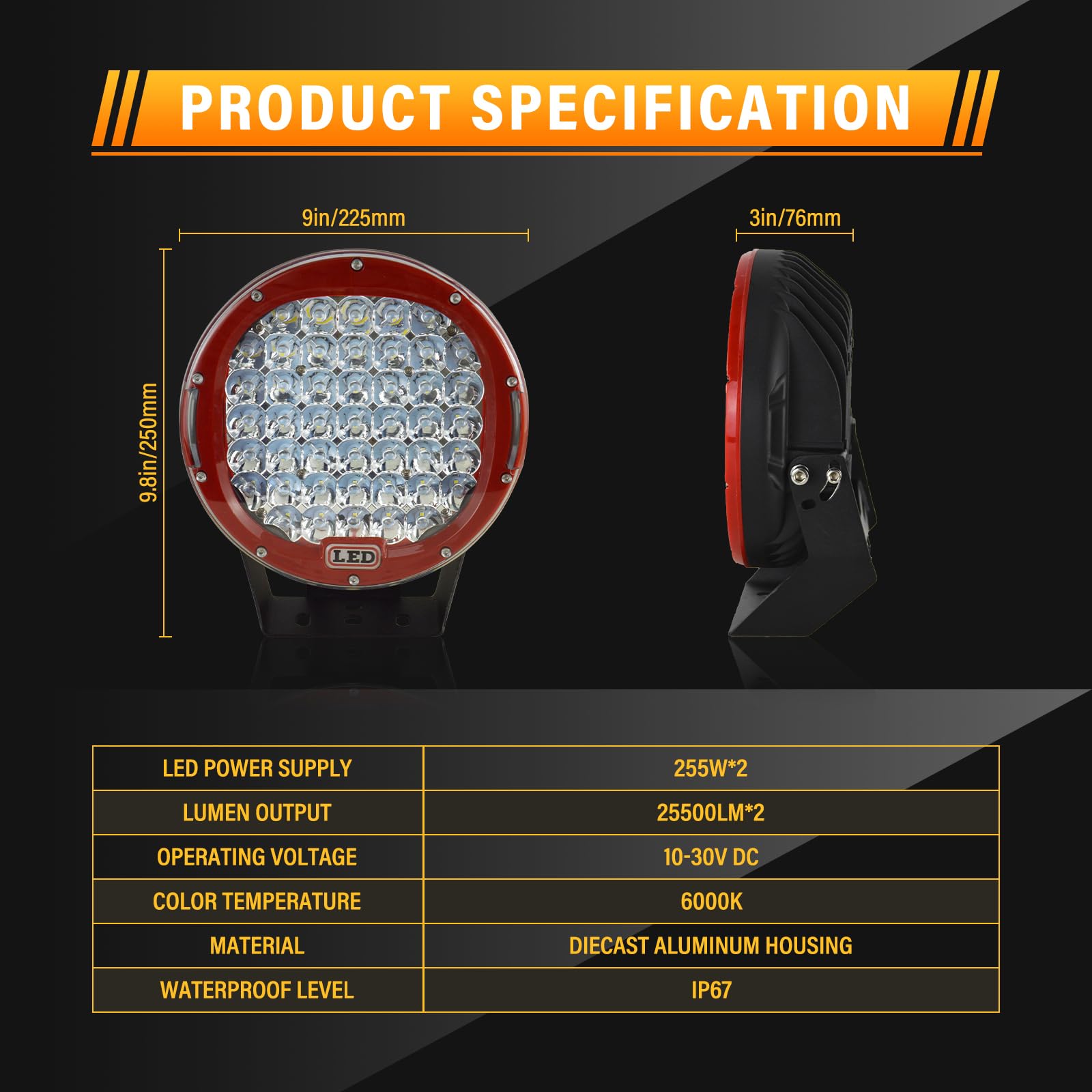 AUXTINGS 9-Inch 96W Red Round LED Work Light Bar for Off-Road SUV - 2 Pack