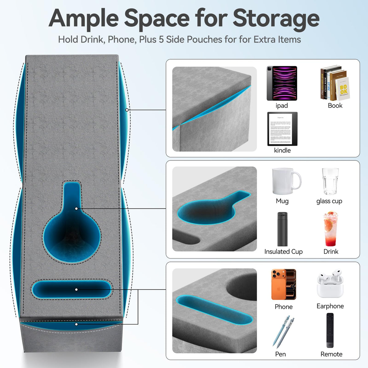Heyife Couch Armrest Caddy with Cup Holder, Portable Sofa Armrest Pillow Drink Holder Table Tray with 5 Large Side Storage Pockets - image 2