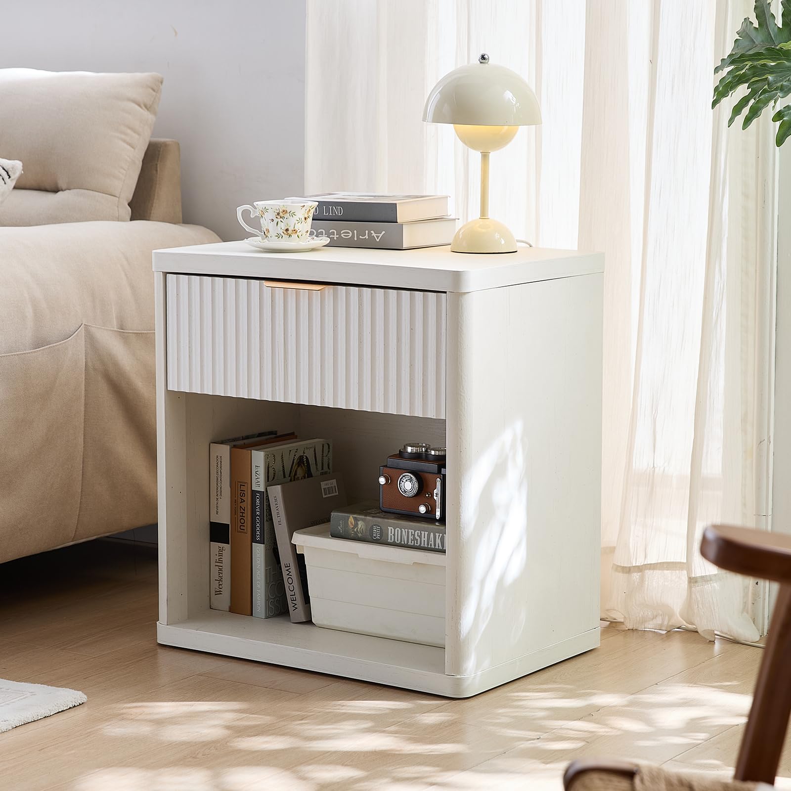 LELELINKY 23" Fluted Nightstand – Farmhouse Wood End Table with Drawer