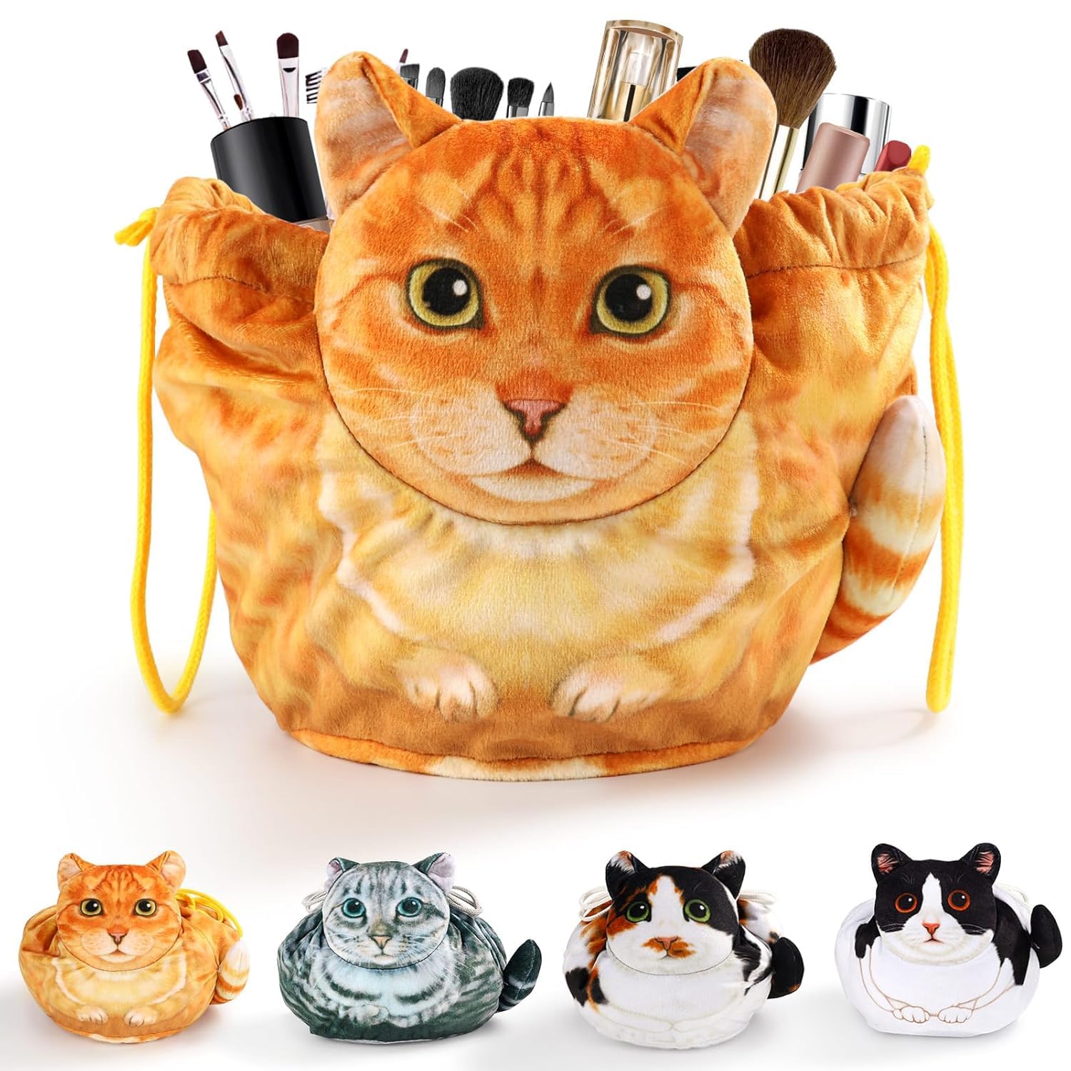 Cat Drawstring Makeup Bag | Flat Lay Travel Cosmetic Organizer