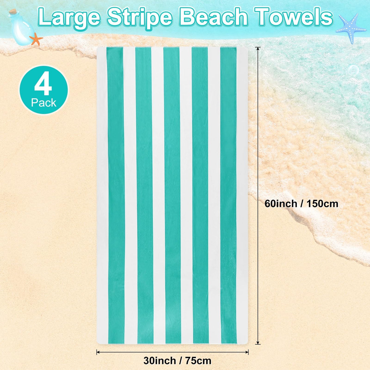 M METERXITY 4-Pack Large Stripe Beach Towels 30x60in Turquoise - image 3