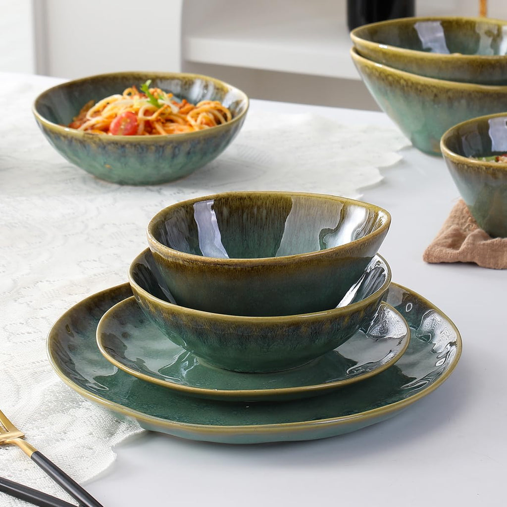 Henten Home Ceramic Ramen Bowl Set of 4 – 20 oz Green Stoneware Dishes