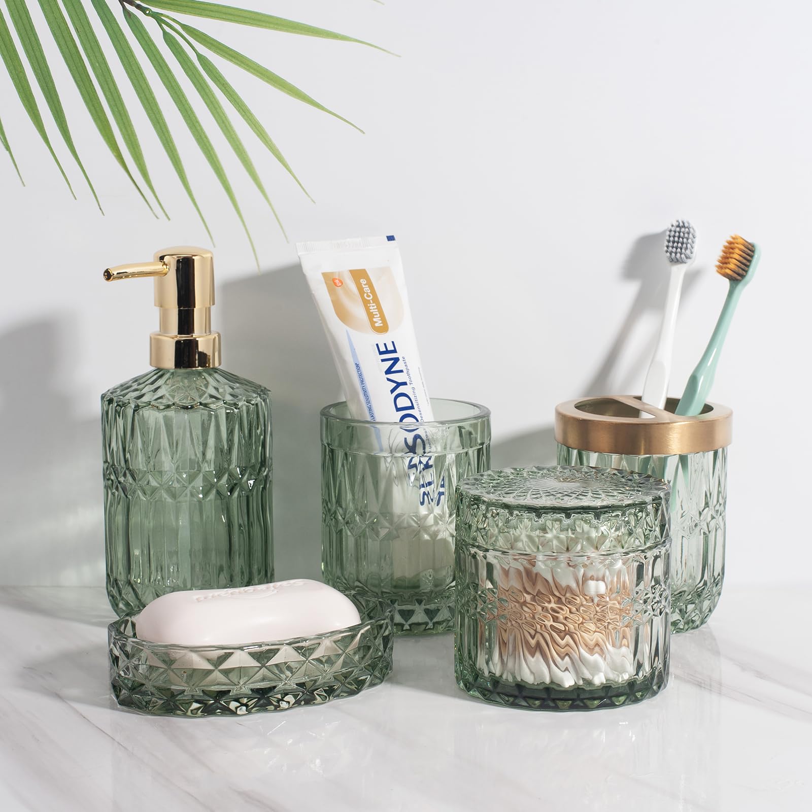 5-Piece Green Glass Bathroom Accessories Set – Vintage Decor