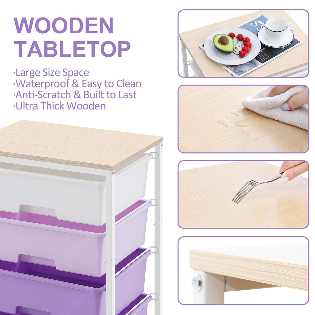 SYKIARIOL 4-Drawer Rolling Storage Cart – Wooden Top Utility Trolley
