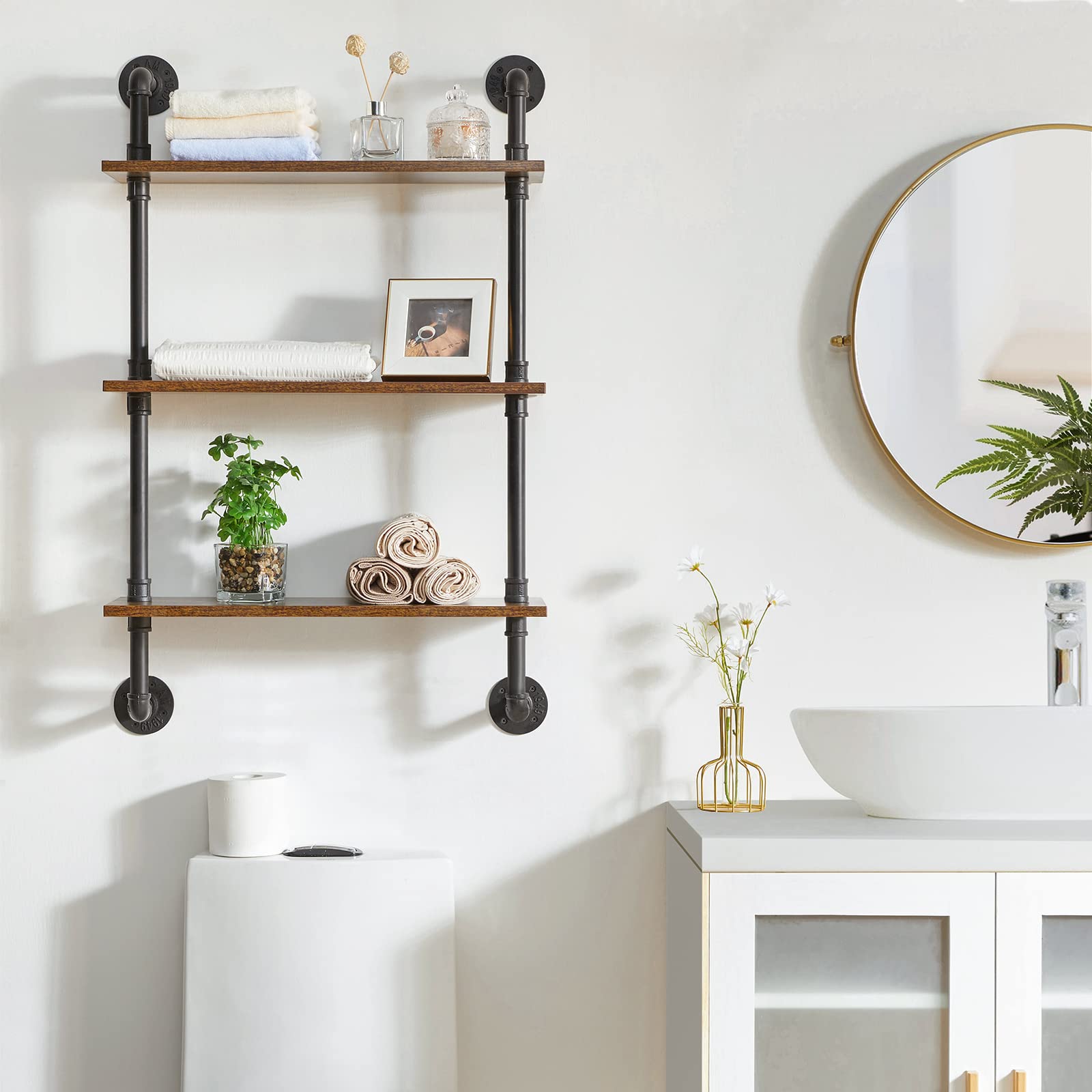 YMYNY 3-Tier Industrial Pipe Wall Mount Shelves | Rustic Wood Bookshelf